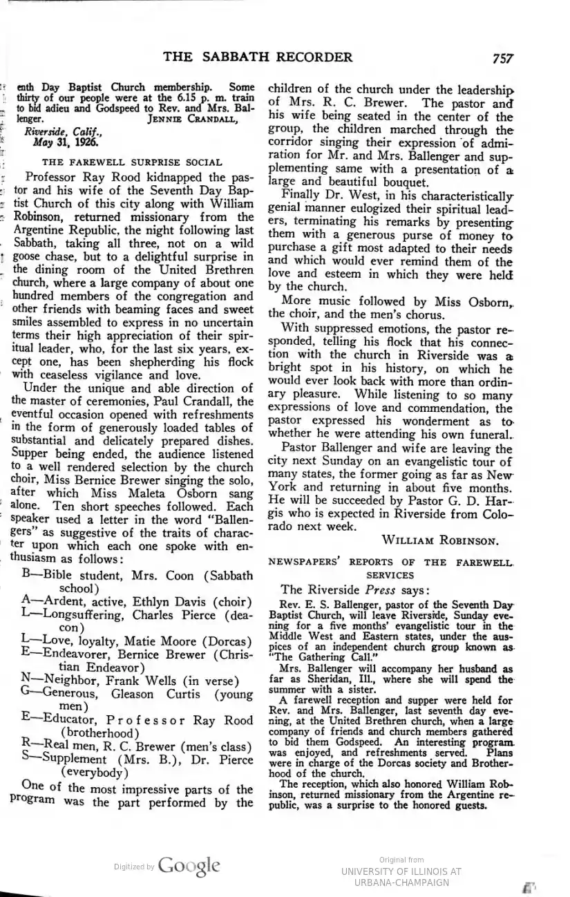 The Sabbath Recorder, 14June 1926,p.757 (see bottom righthand cnr)